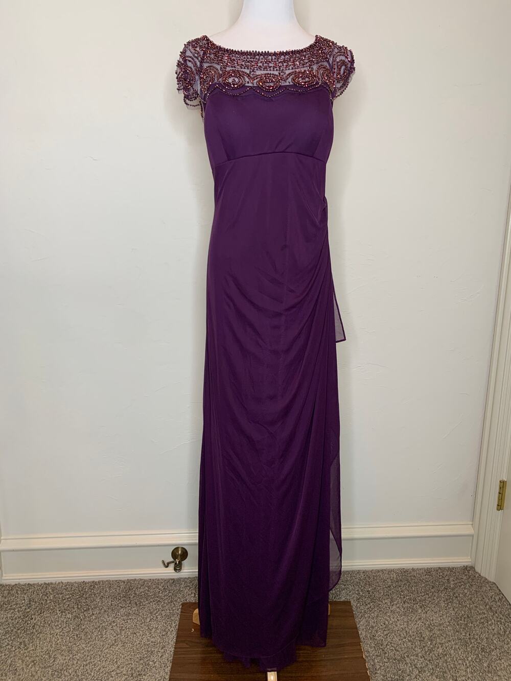 Xscape Purple Eggplant Beaded Bodice Formal Long Dress Gown Sz 14 Ruched Back